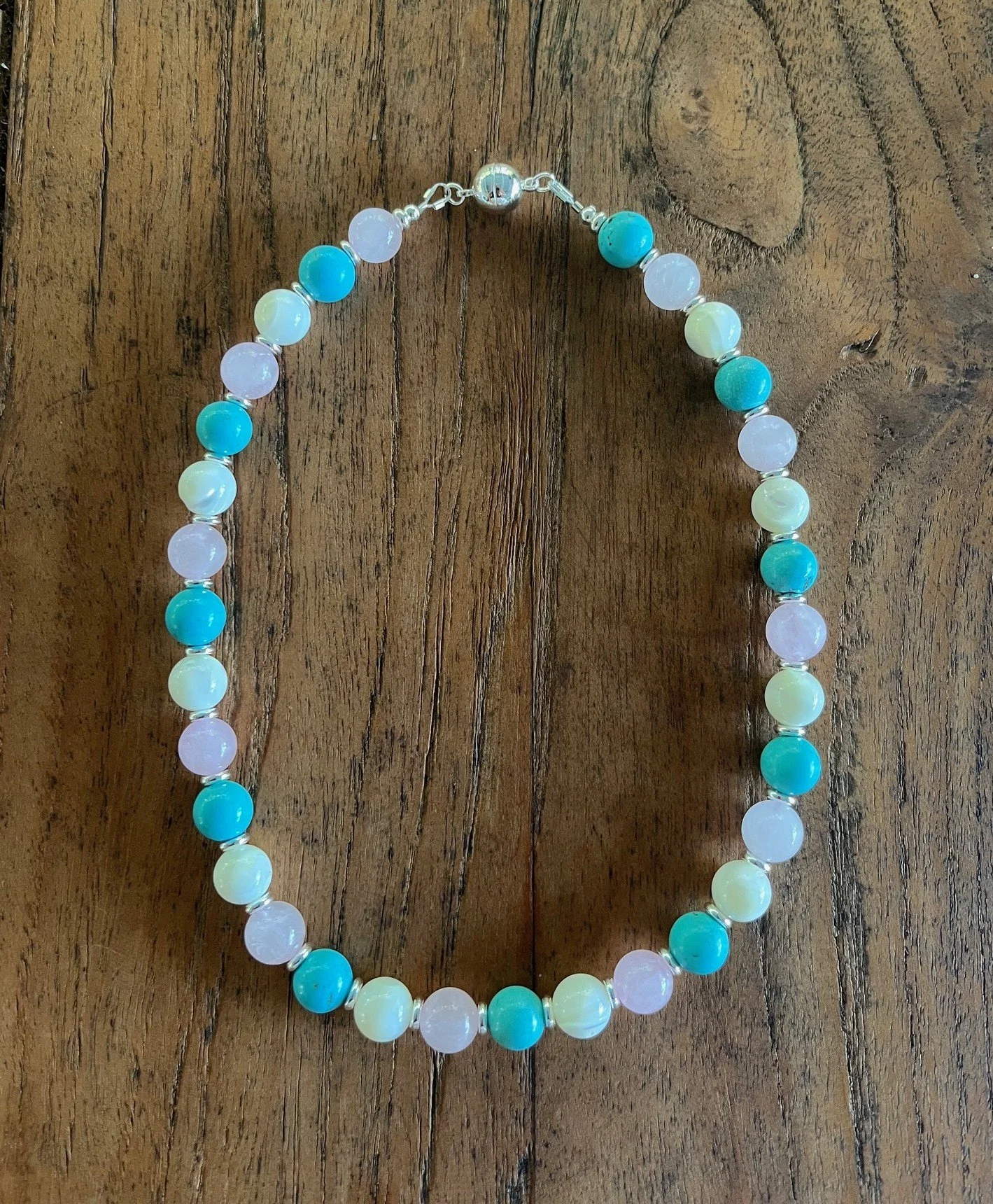 "AMANDA LYNNE"    A playful Rose Quartz, Mother of Pearl, and Turquoise Howlite beaded necklace