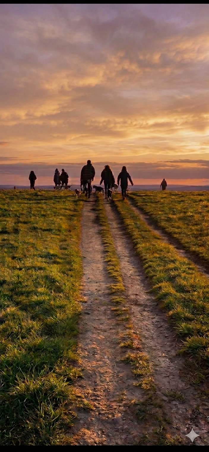 People walking on a dirt trail through grassy fields during sunset, with a colorful sky and clouds overhead.