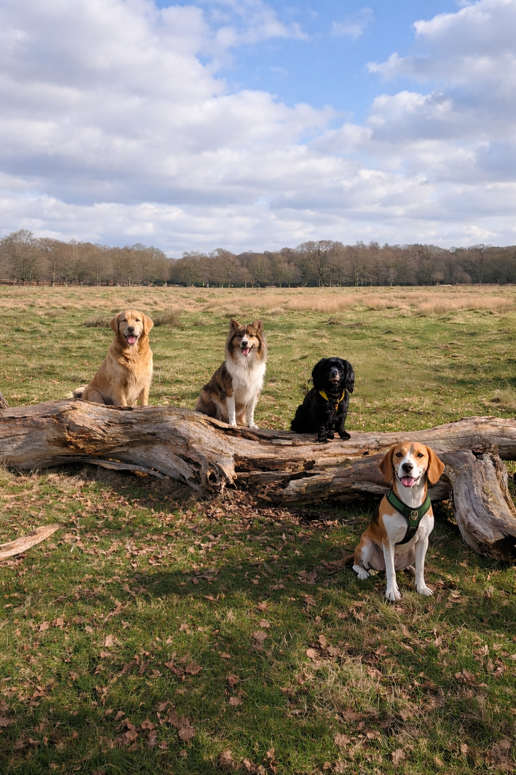 Four dogs pose on and around a large fallen log in a grassy field with trees and a partly cloudy sky in the background.
