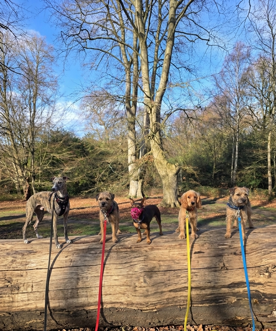 Five dogs of various breeds and sizes standing on a large fallen log in a park, with leafless trees and a blue sky in the background.