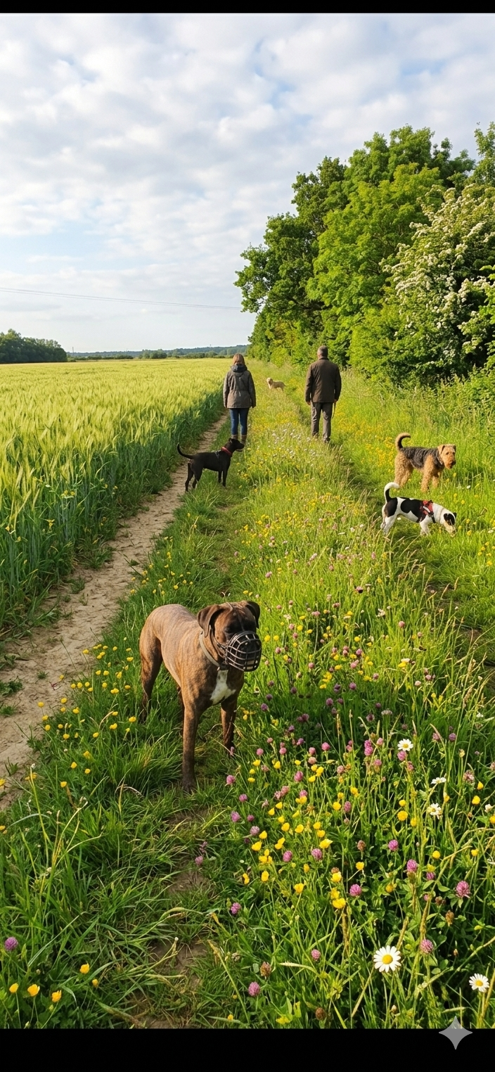 A man and a woman walking along a grassy path with several dogs, surrounded by a field of flowers and tall green trees on a partly cloudy day.