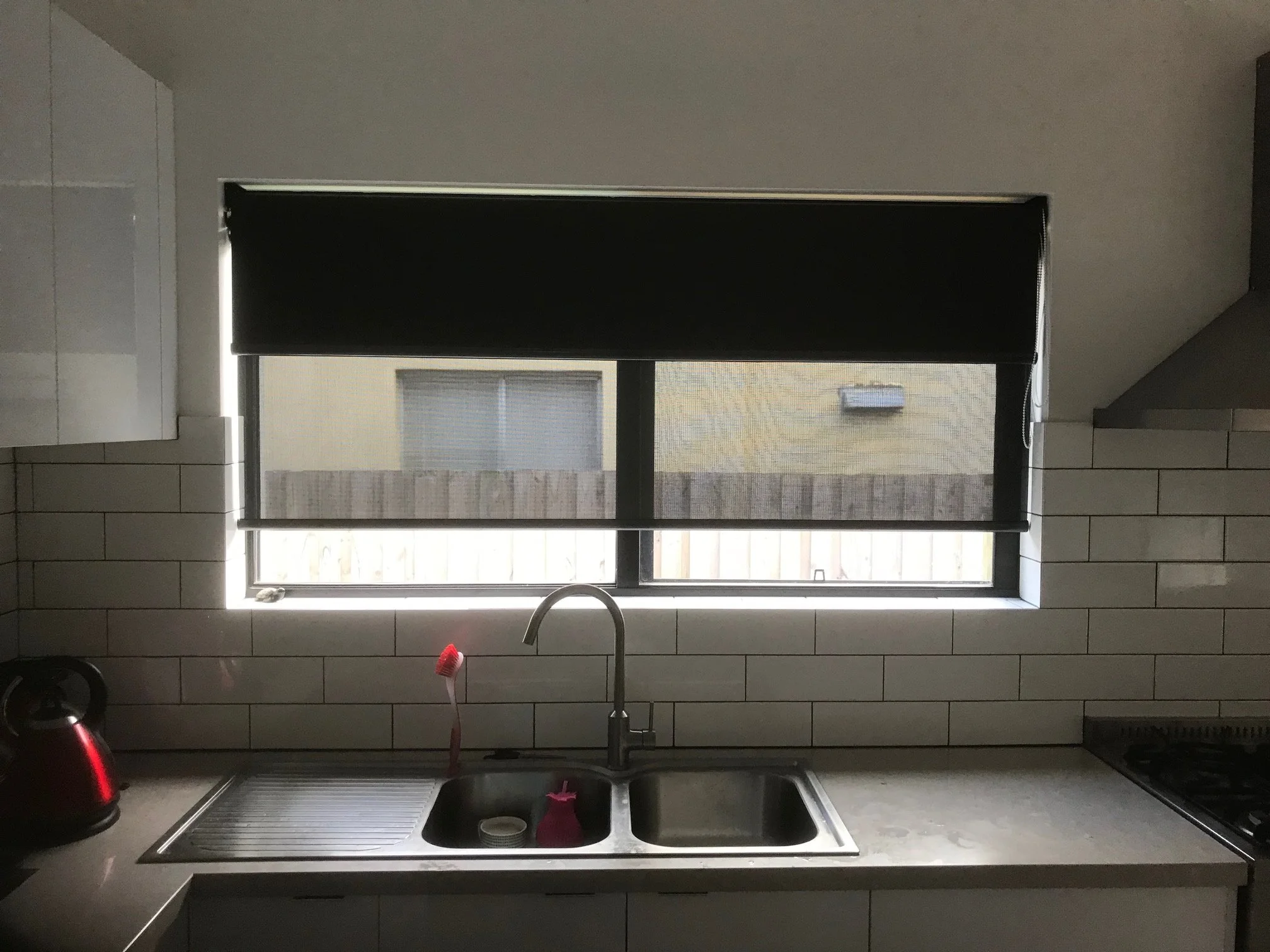 Double Roller Blinds with Kleenscreen Charcoal Sunscreen Fabric