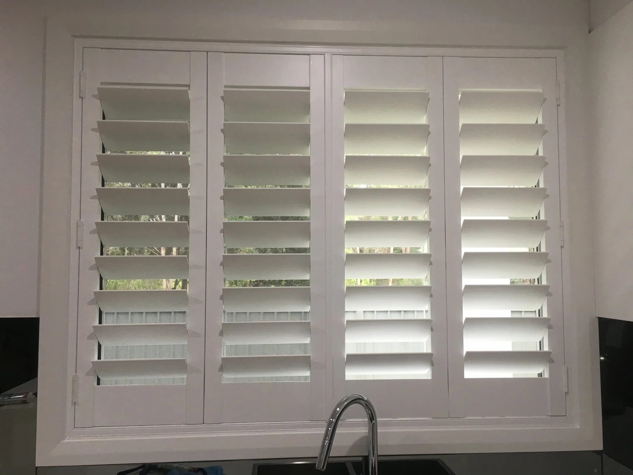 Multifold Panels to open Shutters around obstacles such as taps