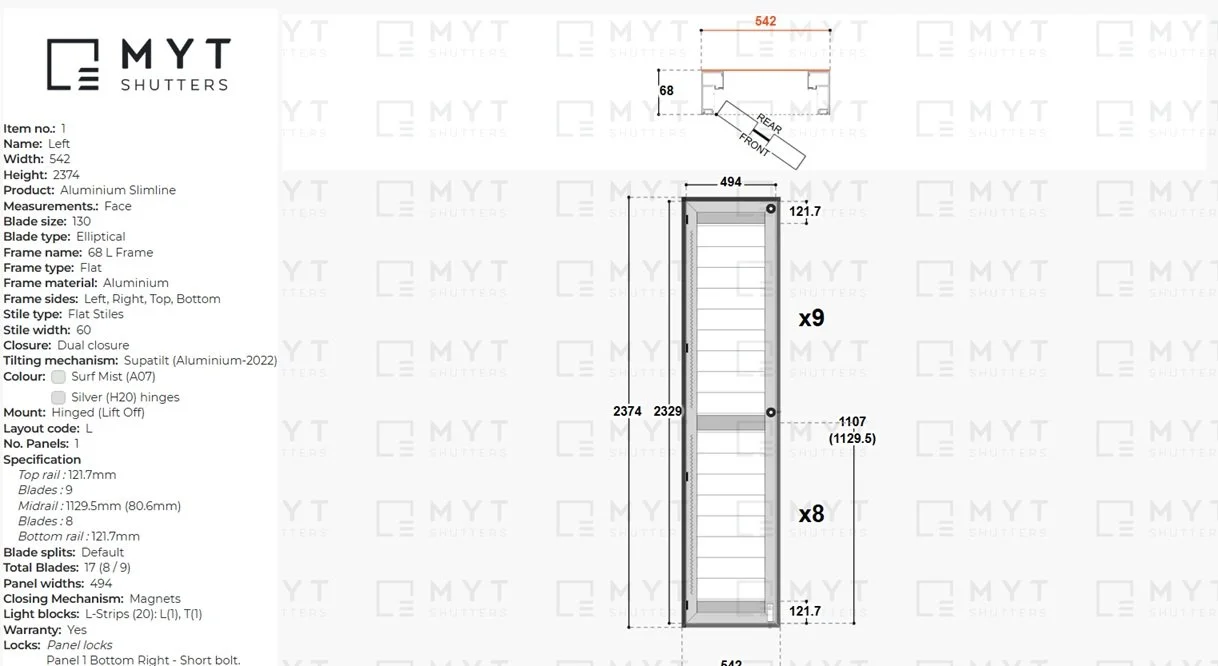 CAD drawing showing dimensions and layout for the left hinged outdoor aluminium shutter panel in Elderslie.
