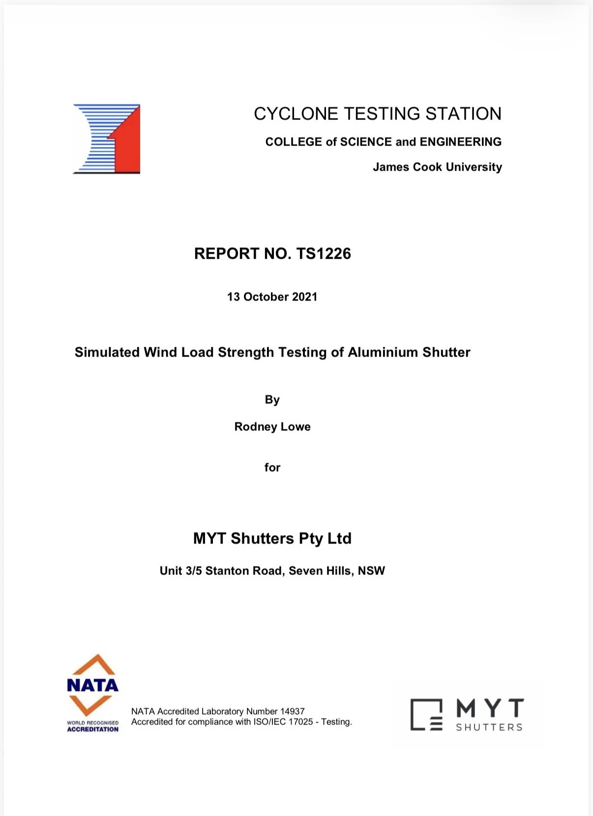 Cover of the cyclone and wind load testing report for aluminium outdoor shutters.
