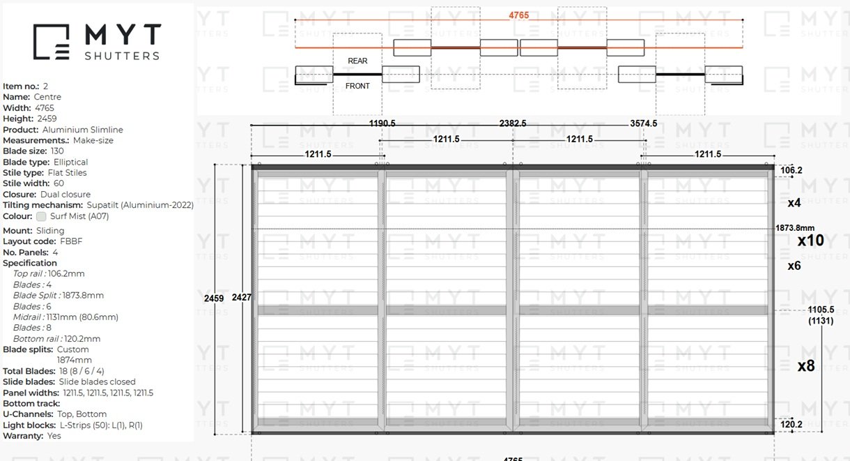 CAD drawing showing four-panel sliding outdoor aluminium shutters designed for an Elderslie outdoor entertaining area.
