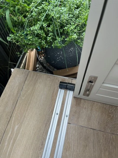 Sliding and Hinged Outdoor Shutters in Surf Mist Colour at Elderslie (This shows the flat sliding tracks and frame for Hinged Outdoor Shutter)