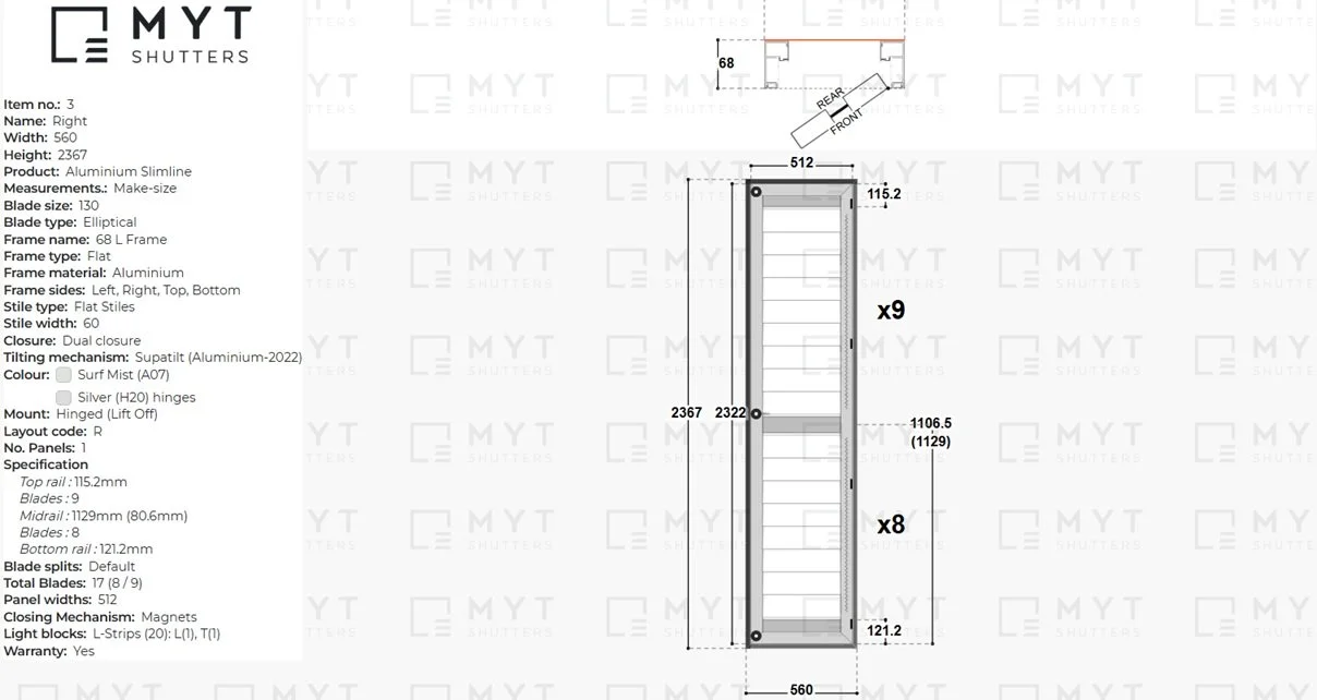 CAD drawing showing dimensions and layout for the right hinged outdoor aluminium shutter panel in Elderslie.