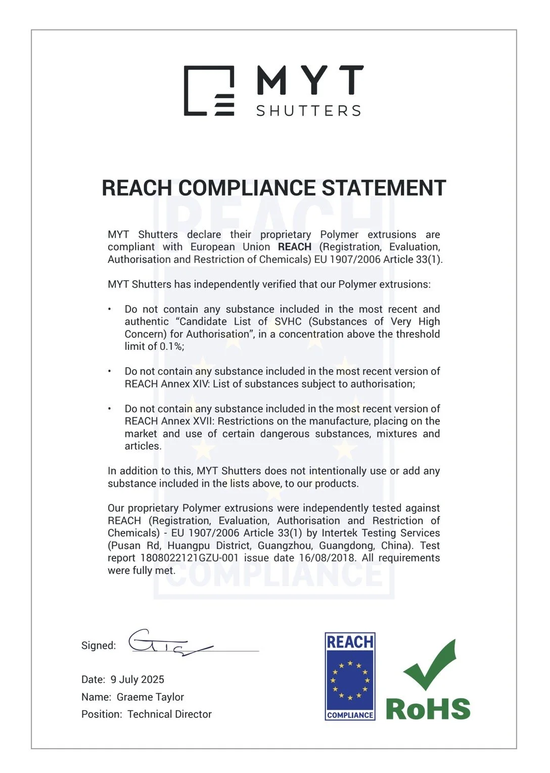 REACH compliance statement for polymer plantation shutters and material safety standards.