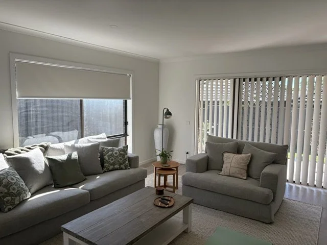 Vertical Blind and Roller Blind in Uniline Dawn Panacotta Fabric