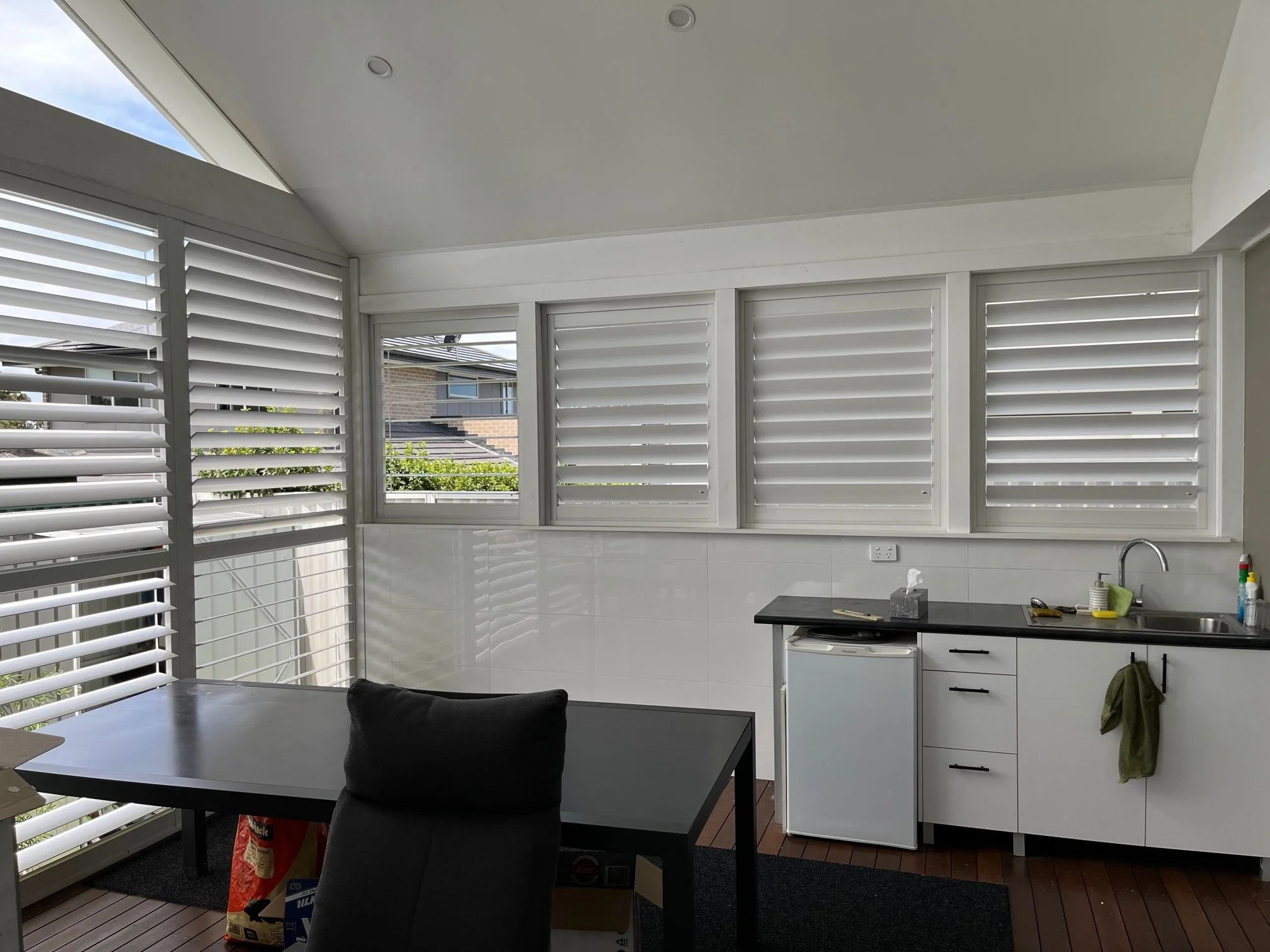 Outdoor Shutters in White - sliding and fixed