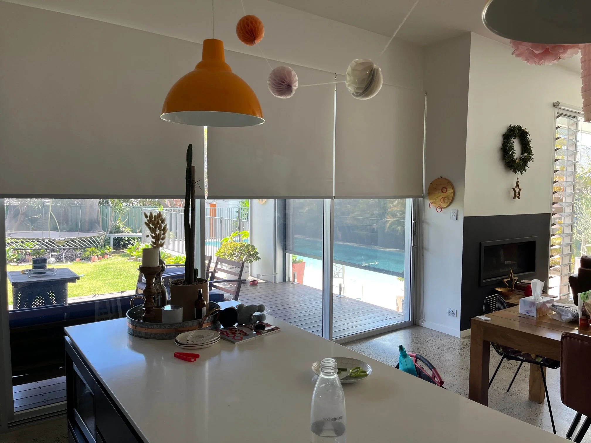 Butting Roller Blinds in Kitchen (Zipscreen Awning in Background)