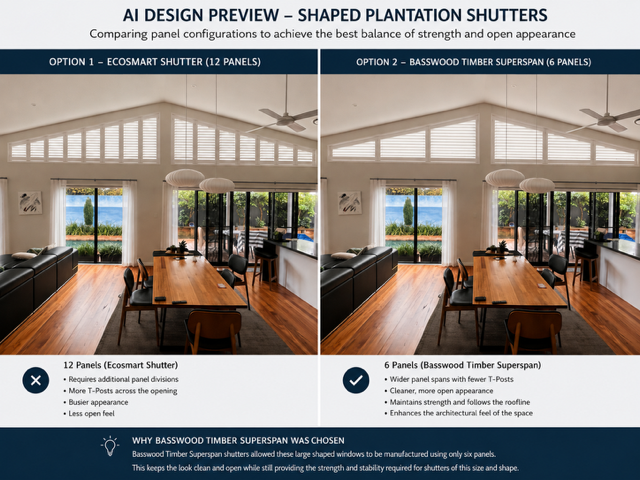 AI comparison showing Ecosmart shutters with additional T-Posts versus Basswood Timber Superspan plantation shutters