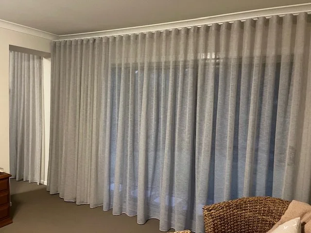 Double Curtains with S-Wave Sheer at Front in Nettex Homestead Sesame Fabric in Harrington Park