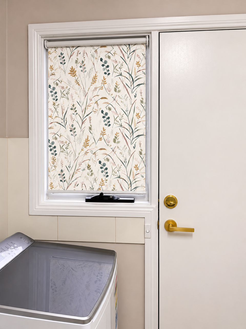 AI preview showing decorative patterned roller blind concept for an Ingleburn laundry.