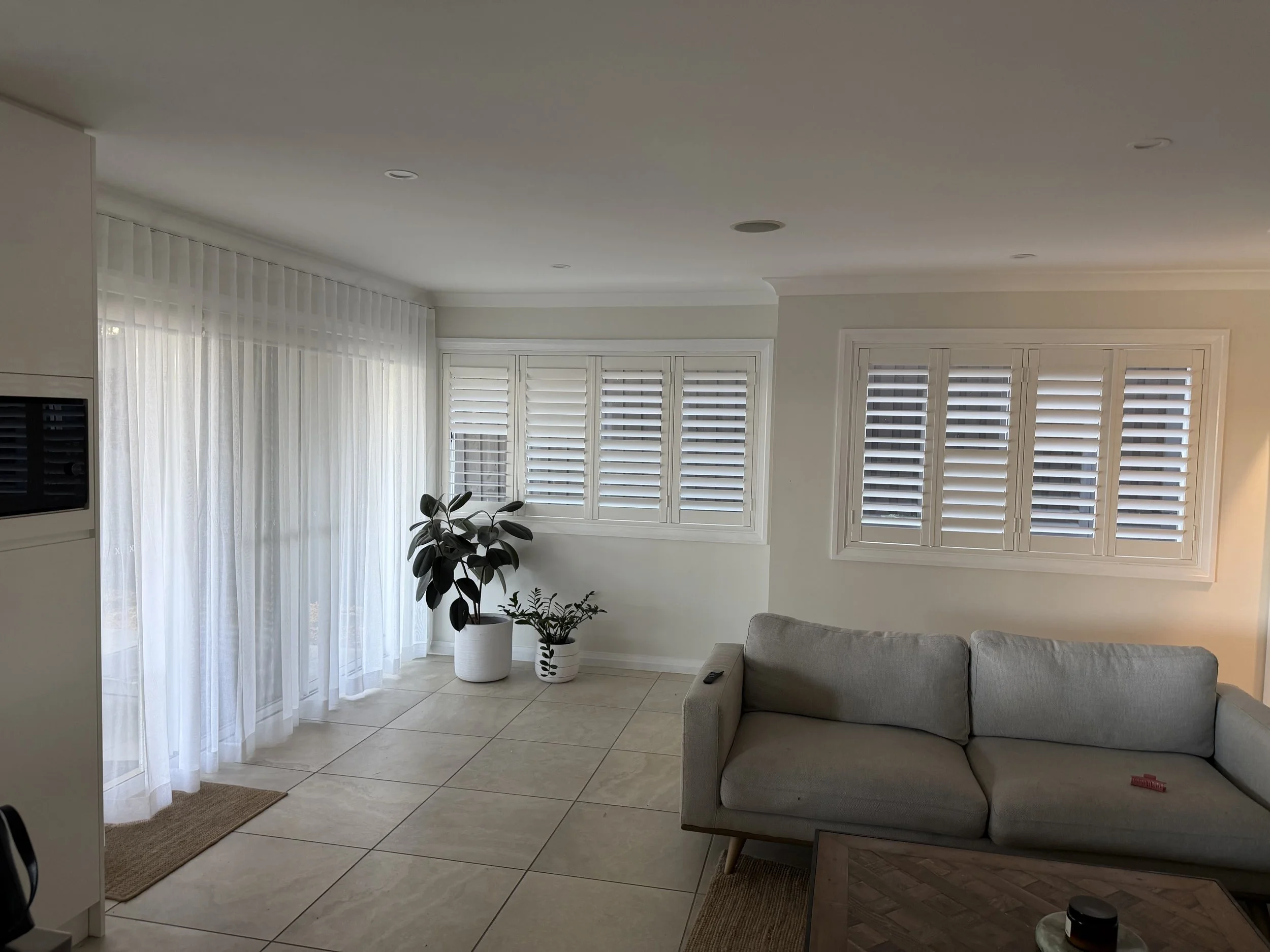 Sheer S-Wave Curtain in Hoad Icon Ivory fabric with Plantation Shutters