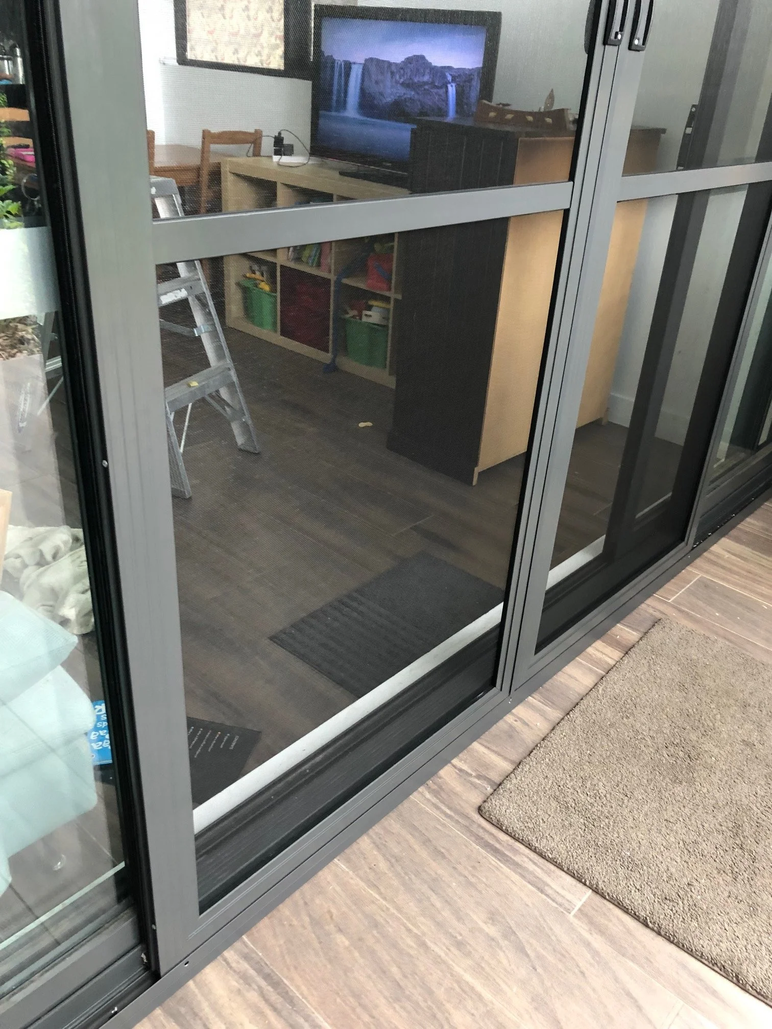Double Sliding Flyscreen Doors in Monument colour