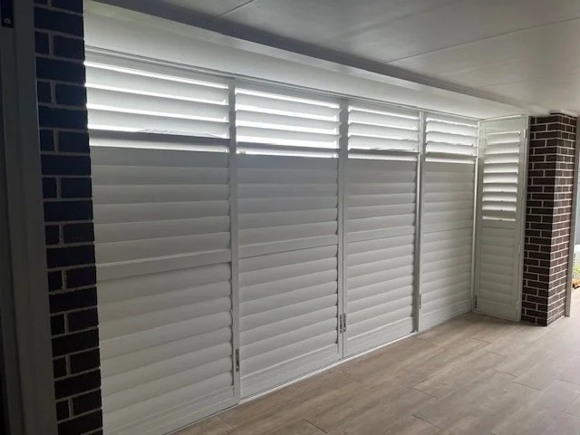 Outdoor Aluminium Shutters in Surf Mist Colour