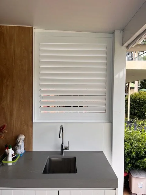Outdoor Shutter in outdoor area (Semi Closed Position) Note the frame at the top to suit sloping roof