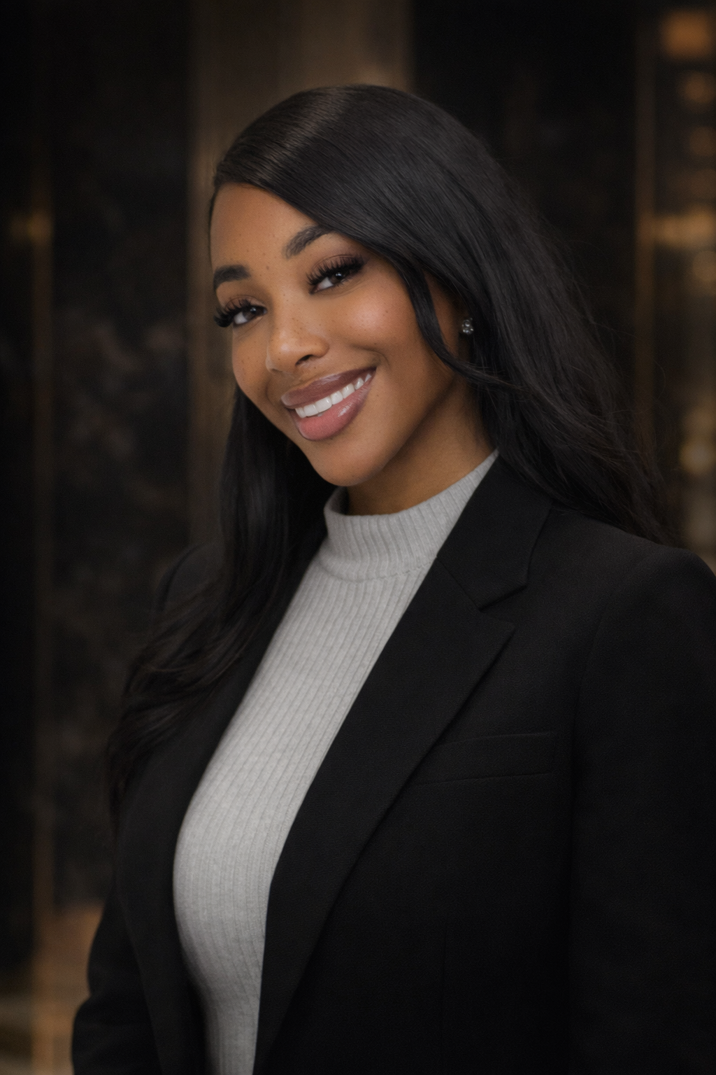 A professional woman with long black hair smiling, wearing a black blazer and a light gray turtleneck sweater, standing indoors against a dark background.