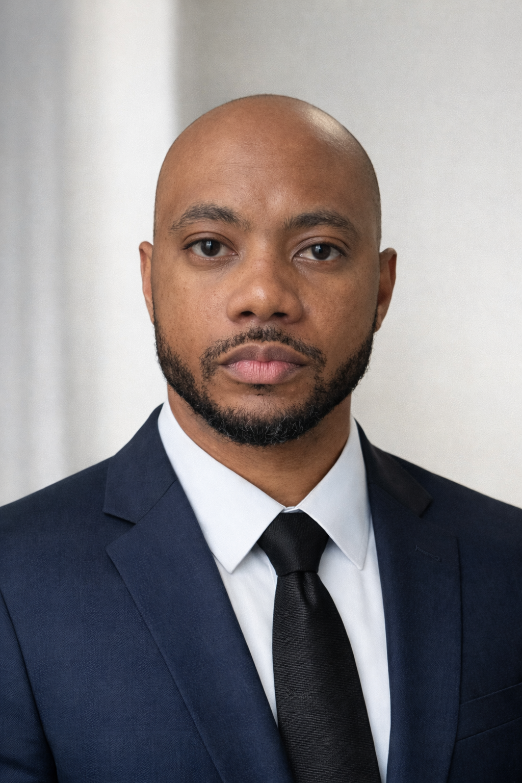 Headshot of a man in a dark suit with a white shirt and black tie, looking directly at the camera against a neutral background.