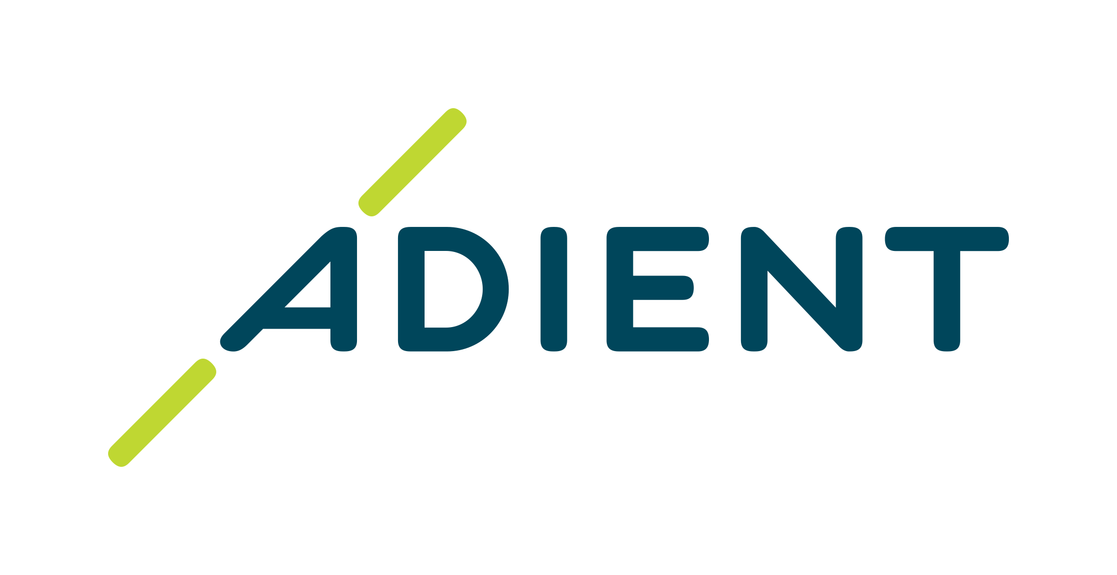 Logotipo con la palabra 'ADÍENT' en letras azules y líneas verdes diagonales decorativas.