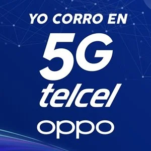Texto en fondo azul que dice: 'Yo corro en 5G Telcel Oppo'