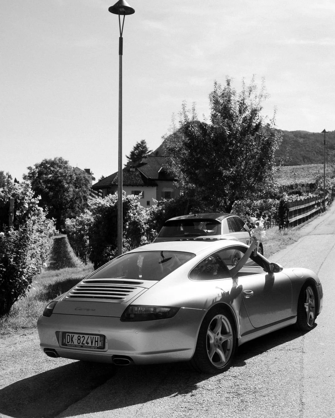 Classic wedding car at villa wedding in Italy