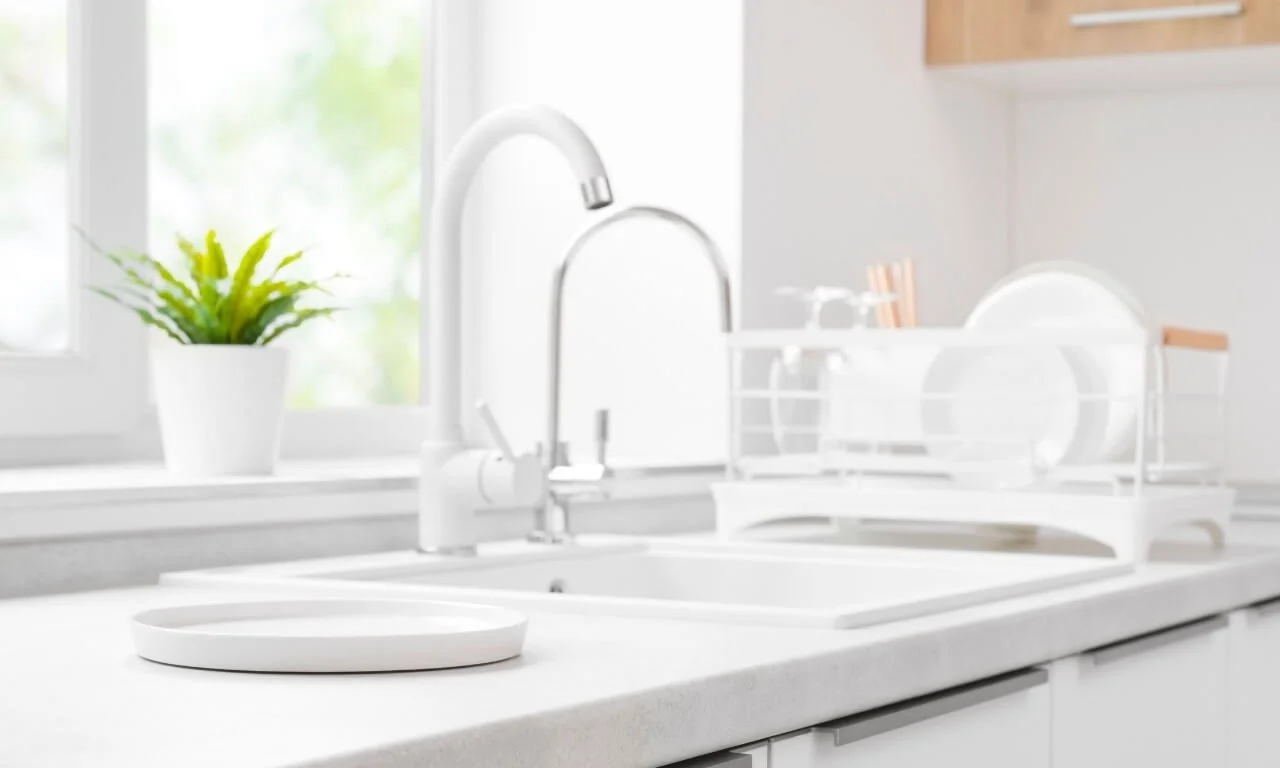 Une cuisine blanche moderne avec un évier, un robinet, une plante en pot sur le rebord de la fenêtre et un porte-vaisselle en plastique.