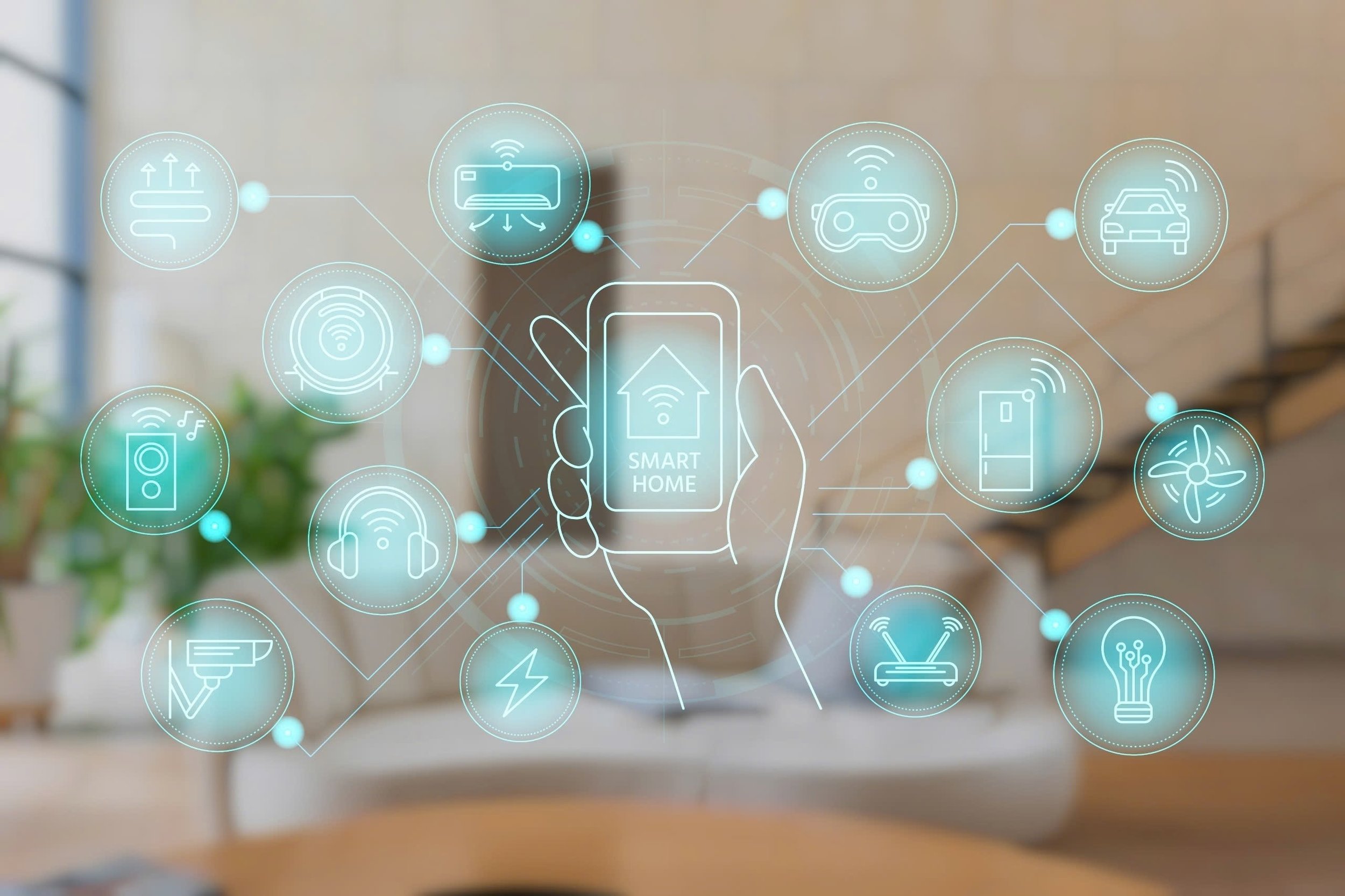 Illustration d'une maison intelligente contrôlée via un smartphone, avec des icônes pour la climatisation, la sécurité, l'éclairage, la ventilation, le chauffage, et autres appareils connectés.