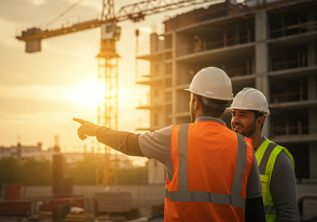 Dois operários de construção civil com capacetes e coletes refletivos discutindo em um canteiro de obras ao pôr do sol.