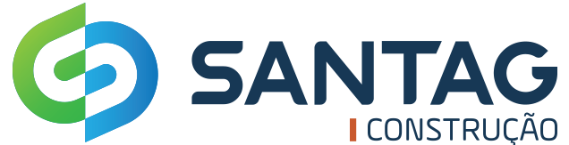 Logotipo da SANTAG Construção, com símbolo gráfico em verde e azul ao lado do nome. Logo em fundo branco.