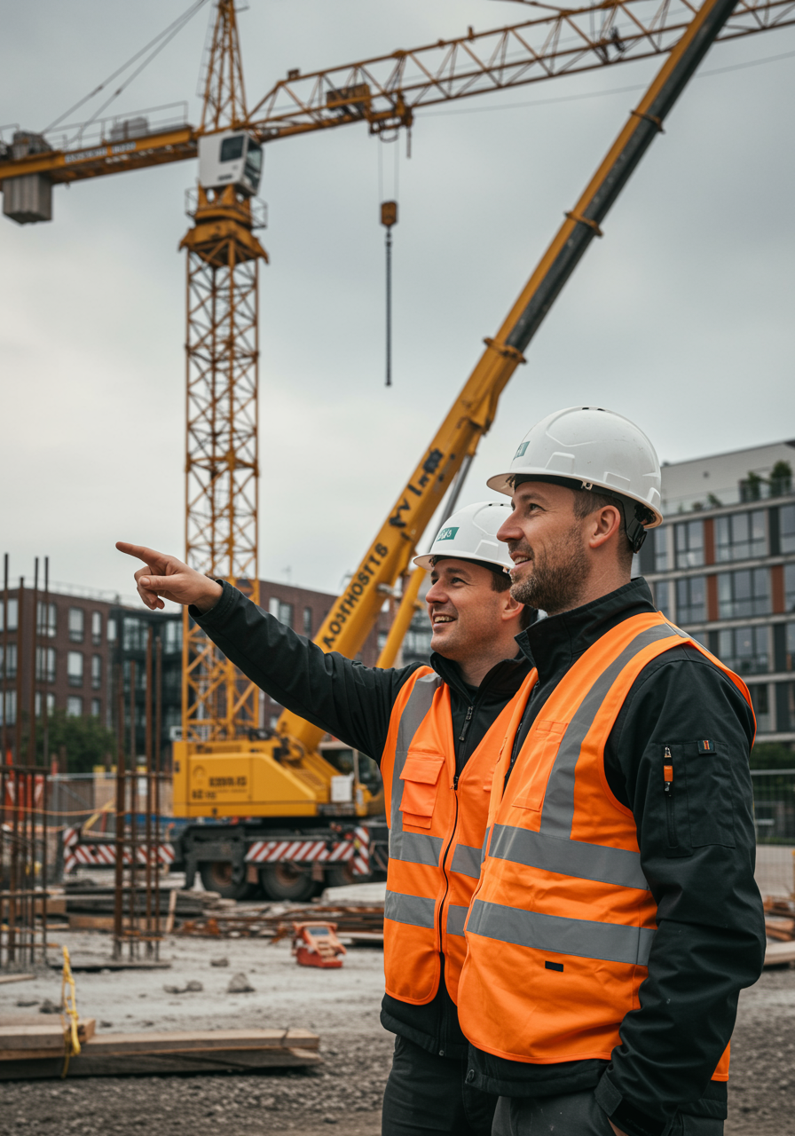 Dois engenheiros em colete laranja e capacete branco em canteiro de obras, com umaobra de construção e guindaste ao fundo.