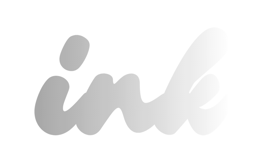 Gray and white stylized handwritten text of the word "ink" on a transparent background.