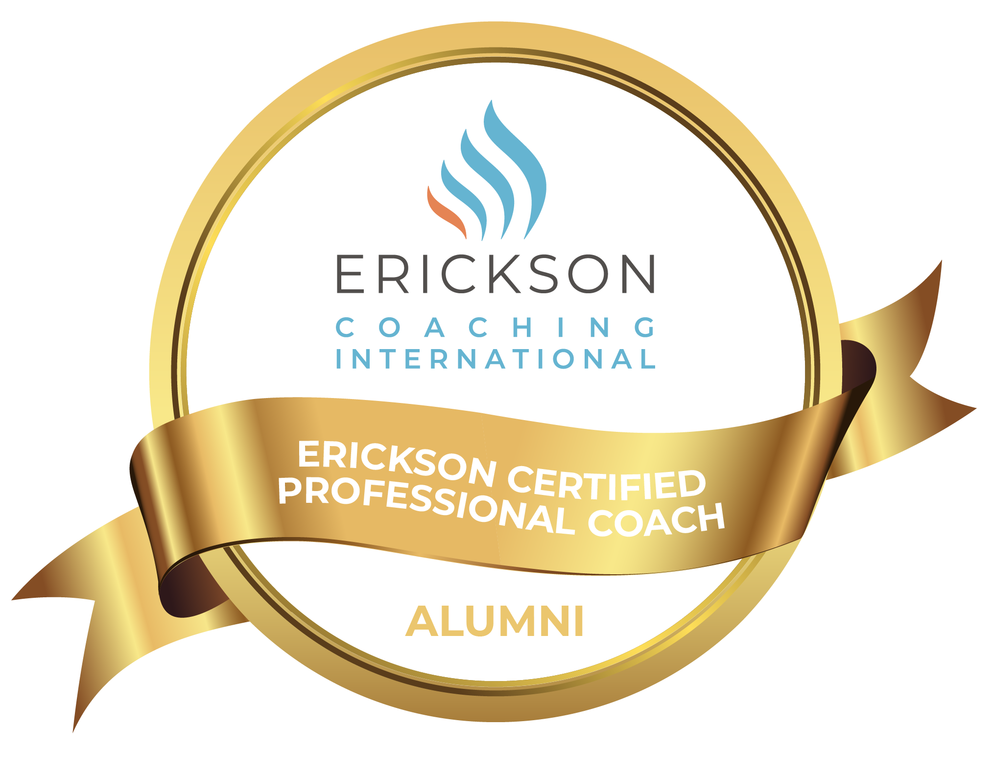 Gold and white certification badge for Erickson Coaching International with a blue and red flame logo, stating 'Erickson Certified Professional Coach' and 'Alumni'.