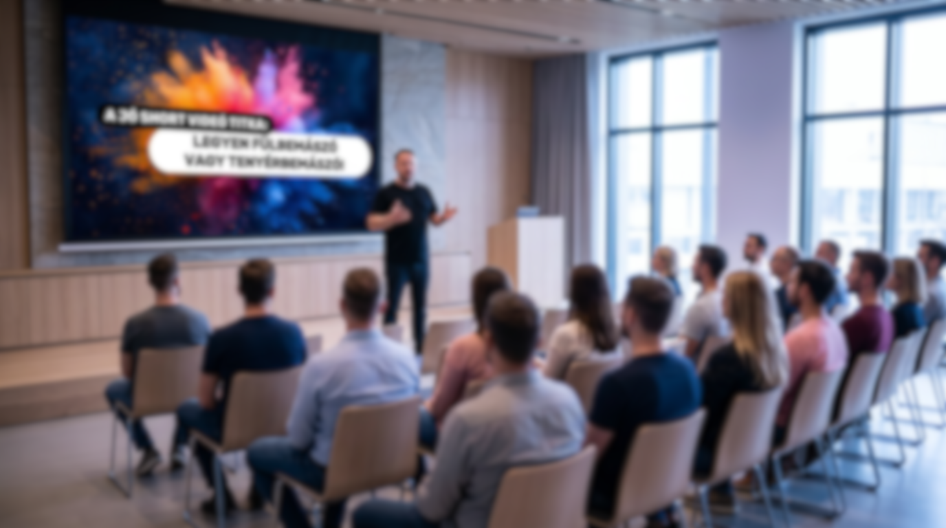A man giving a presentation to an audience in a conference room with large windows and a colorful screen.