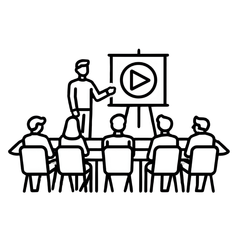 A person giving a presentation to an audience with a screen showing a play button icon.