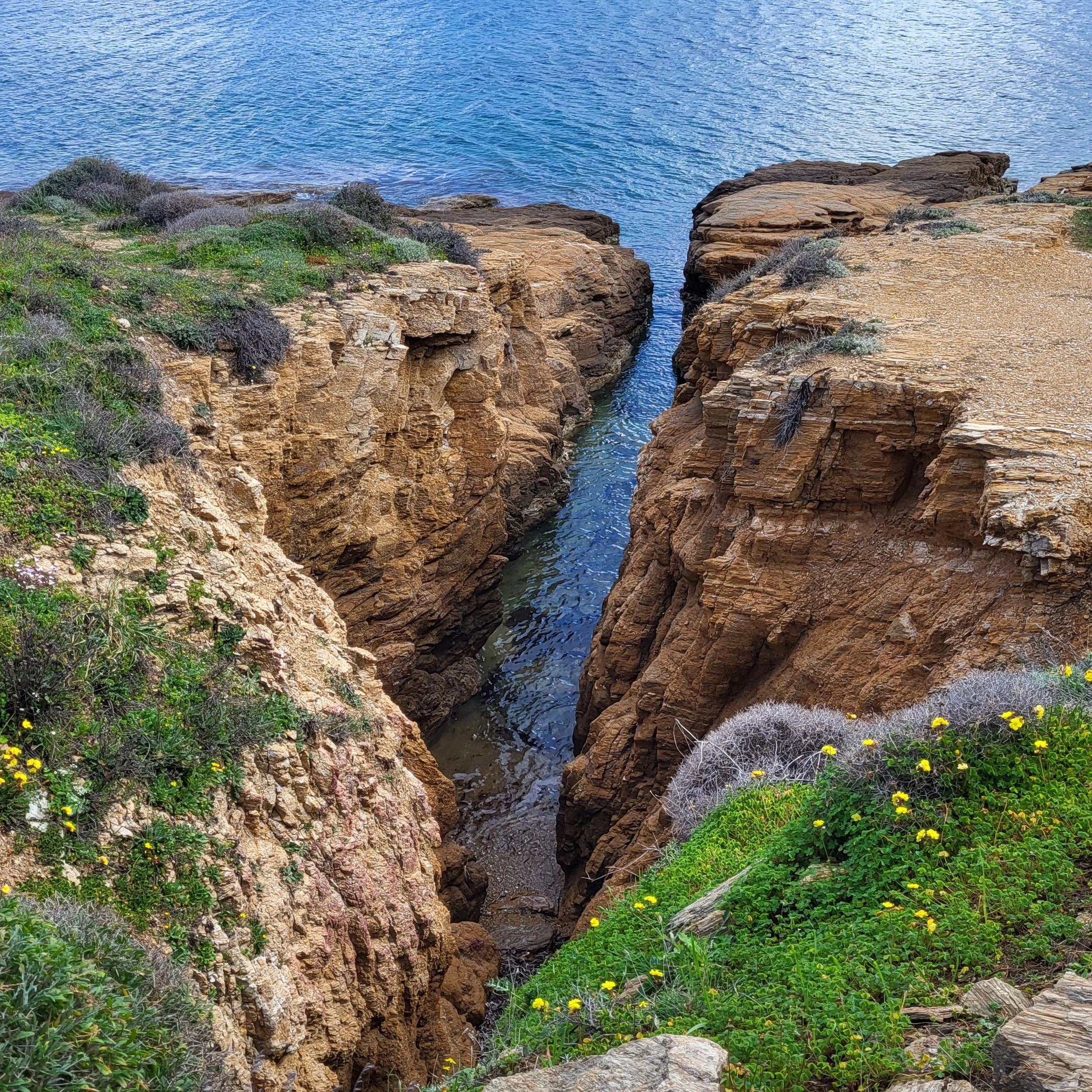 Rochers côtiers avec de la végétation, un étroit passage d'eau entre eux, avec la mer en arrière-plan.