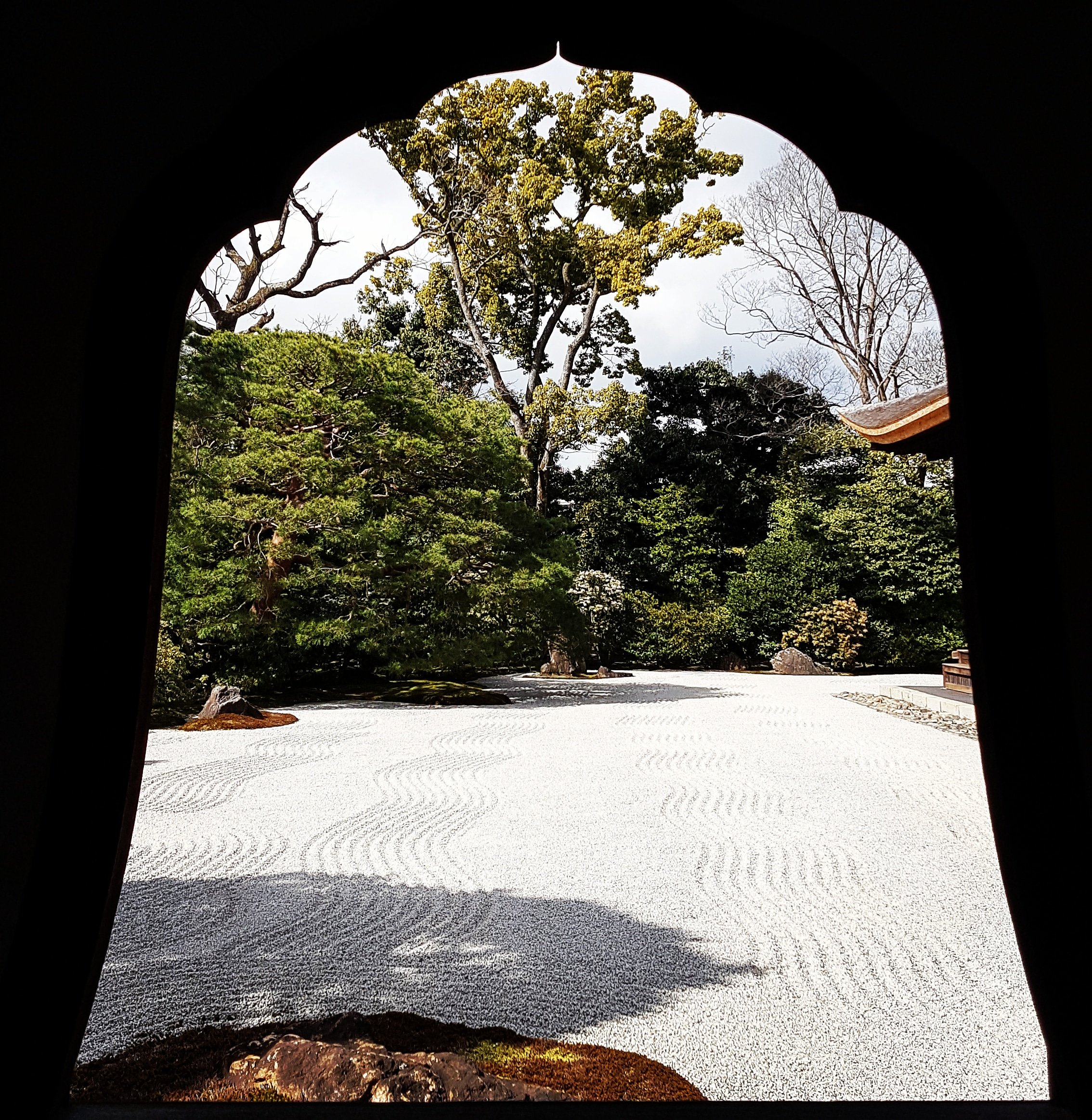 Jardin zen avec sable blanc, arbres verts et rochers.