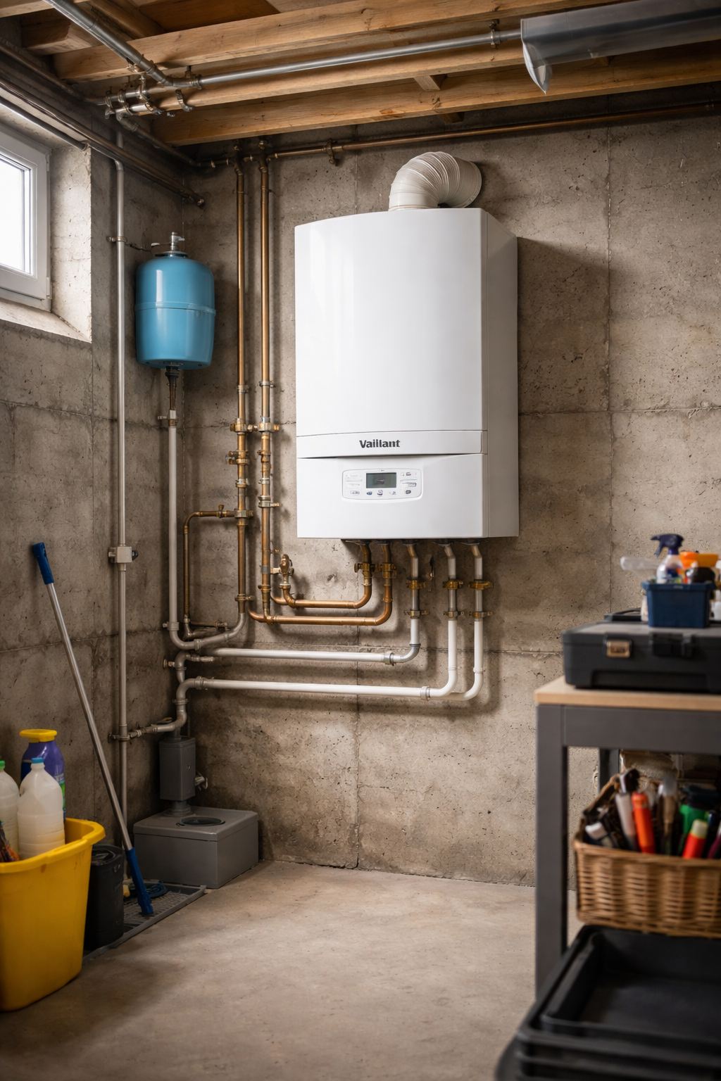 A boiler system installed on a concrete wall in a basement, with pipes, a blue expansion tank, cleaning supplies, and tools nearby.
