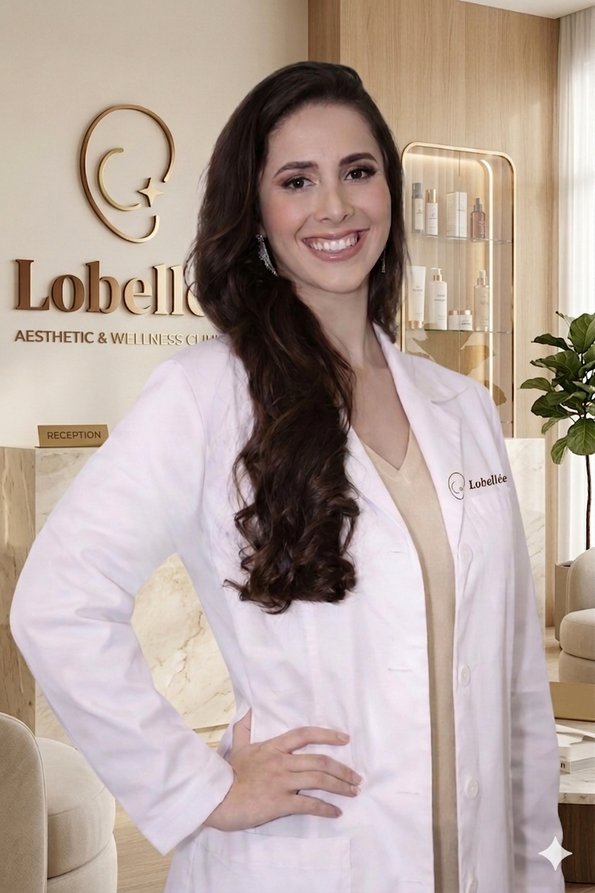 A smiling woman with long, wavy brown hair wearing a white lab coat with the name 'Lobellée' embroidered on it, standing in a wellness clinic reception area.