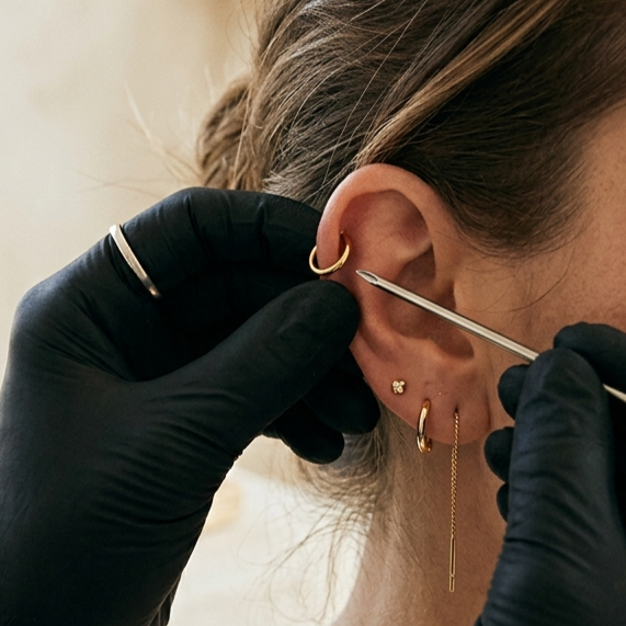 A person in black gloves is inspecting or inserting jewelry into a woman's ear with a tool.