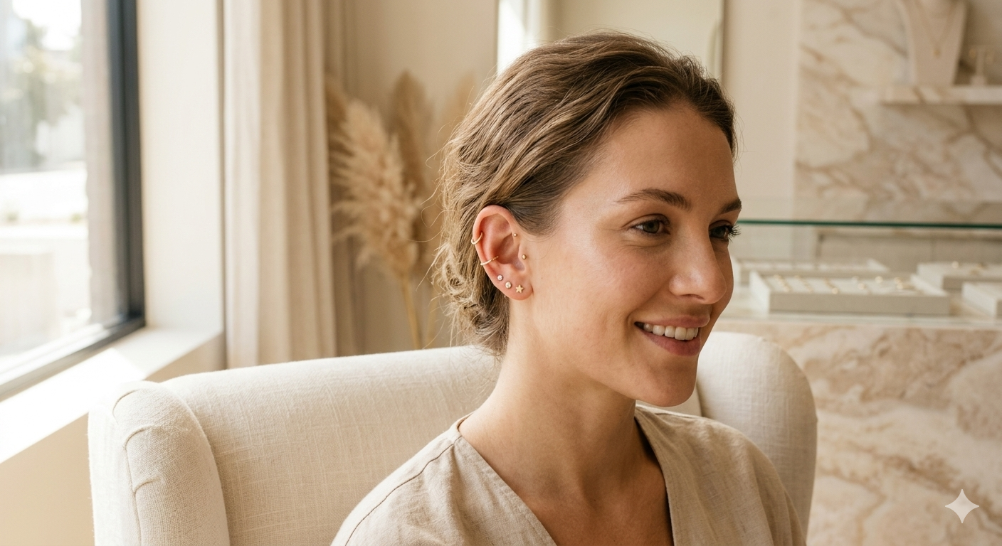 A young woman with short light brown hair sitting in a beige upholstered chair, smiling, in a bright room with a window and decorative elements in the background.
