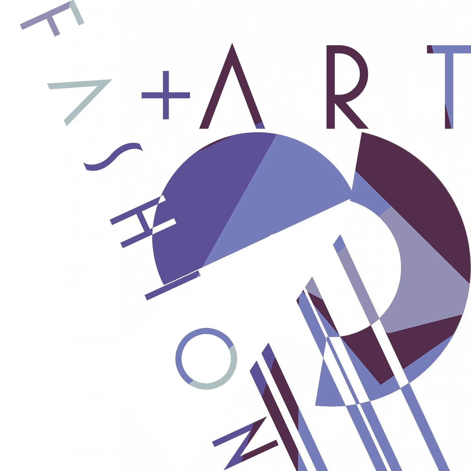 Abstract digital art with geometric shapes and scattered letters spelling 'ART' and 'FASHION' in shades of blue and purple.