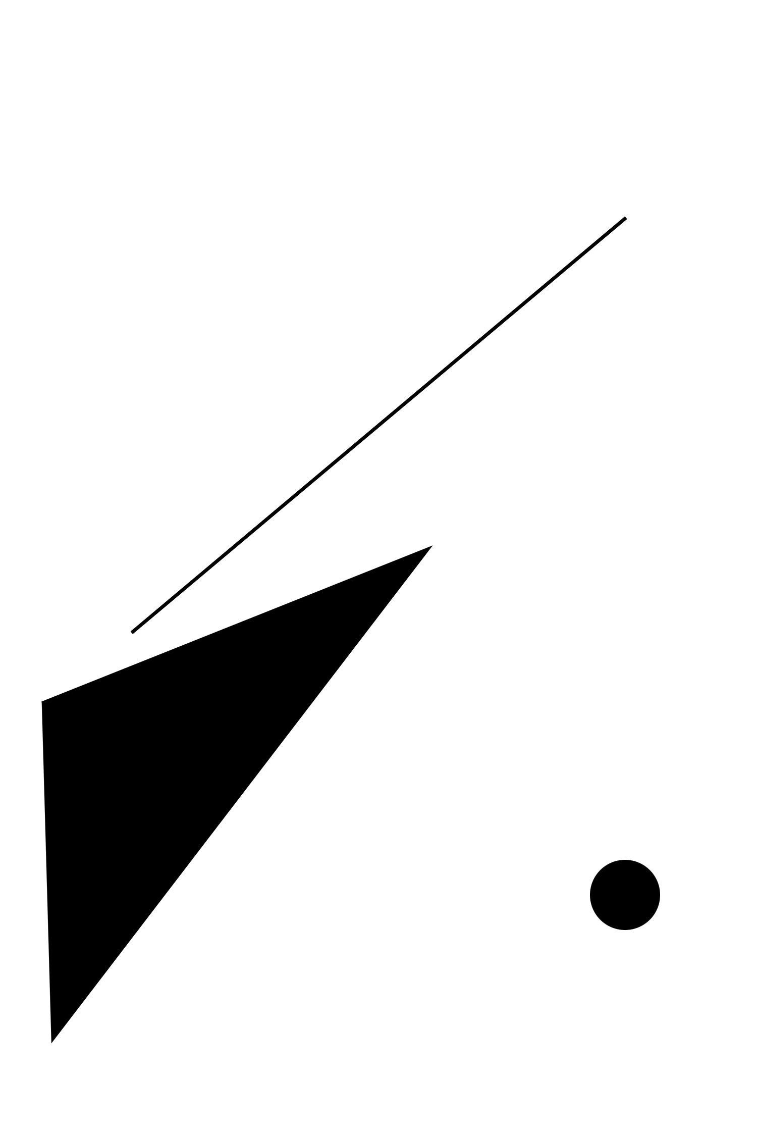 Abstract black geometric shapes on a white background with a thin diagonal line and a black dot.