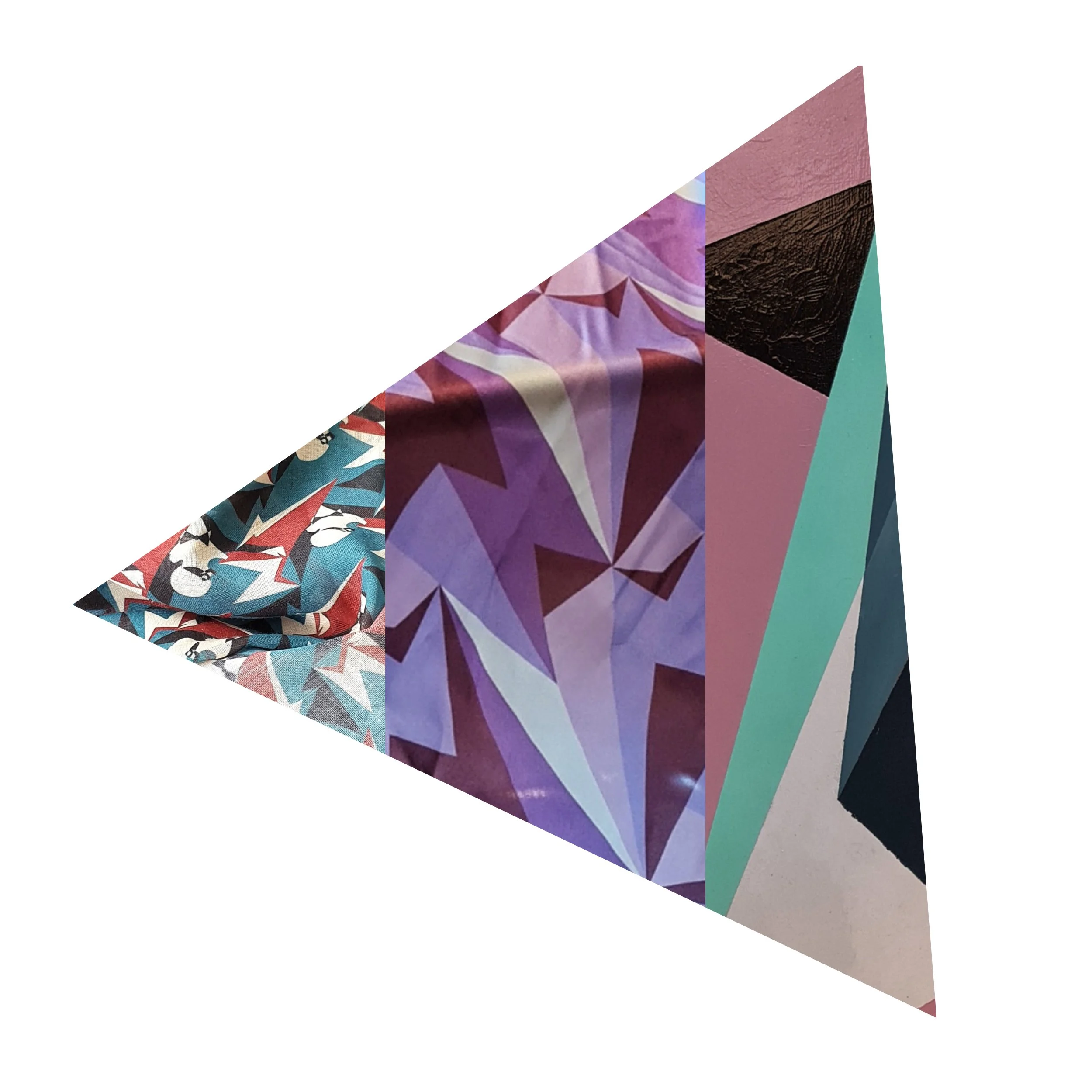 An abstract geometric artwork composed of colorful overlapping shapes and patterns, resembling a stylized arrow or triangle.