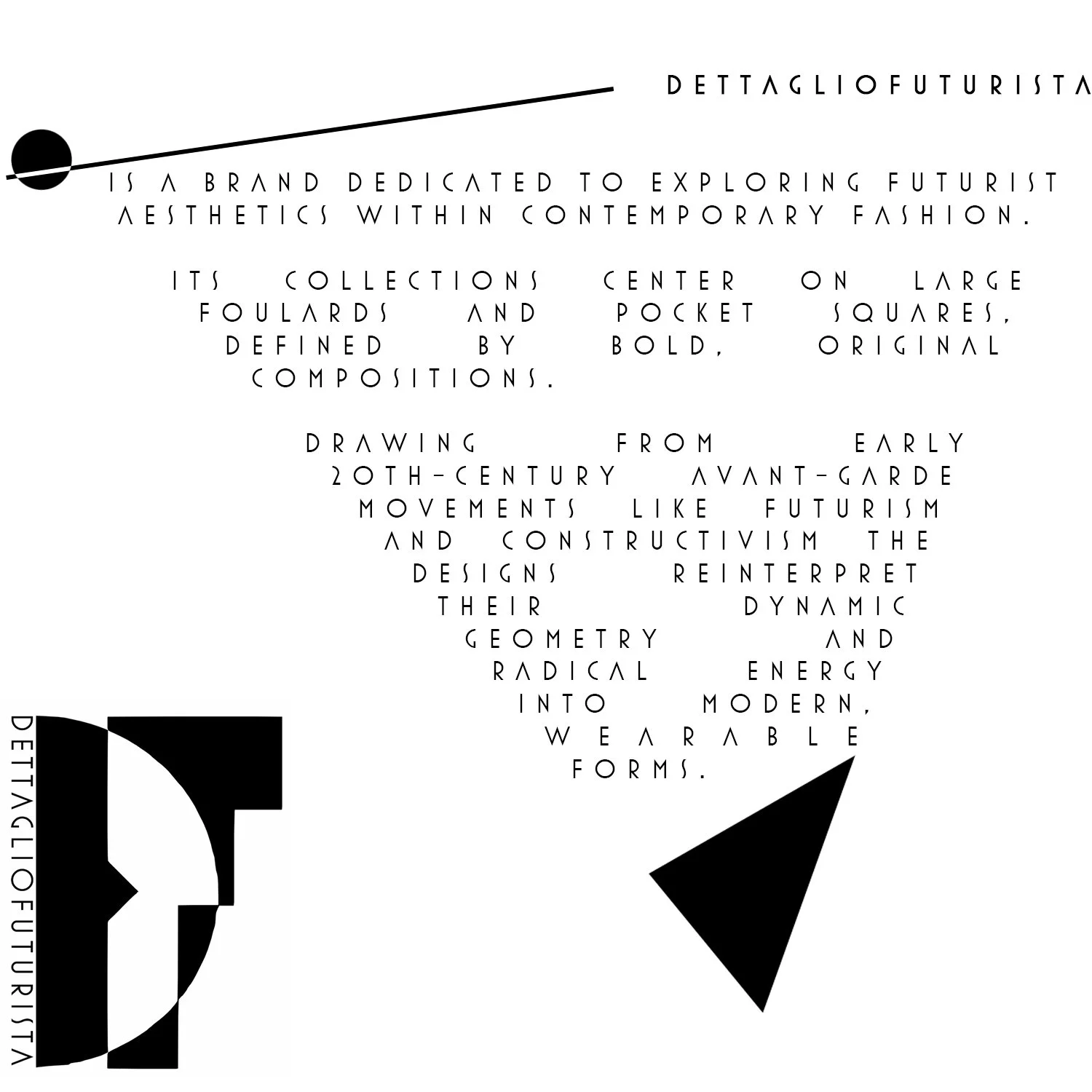 Design explanation with geometric shapes and text about futuristic aesthetics inspired by early 20th-century avant-garde movements, featuring a black semi-circle, square, and triangle.