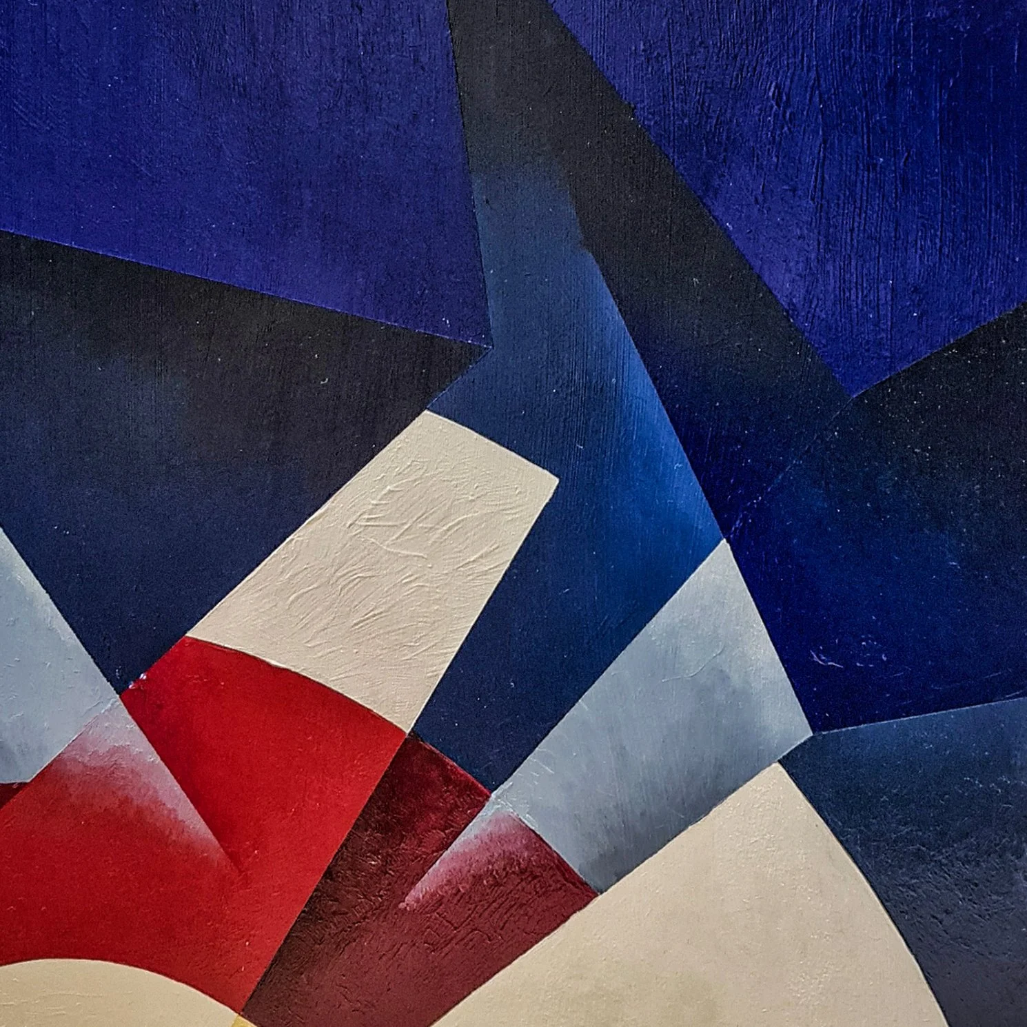 Abstract geometric painting with blue, red, black, white, and gray shapes.