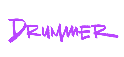The word "DRUMMER" written in purple, stylized text on a black background.