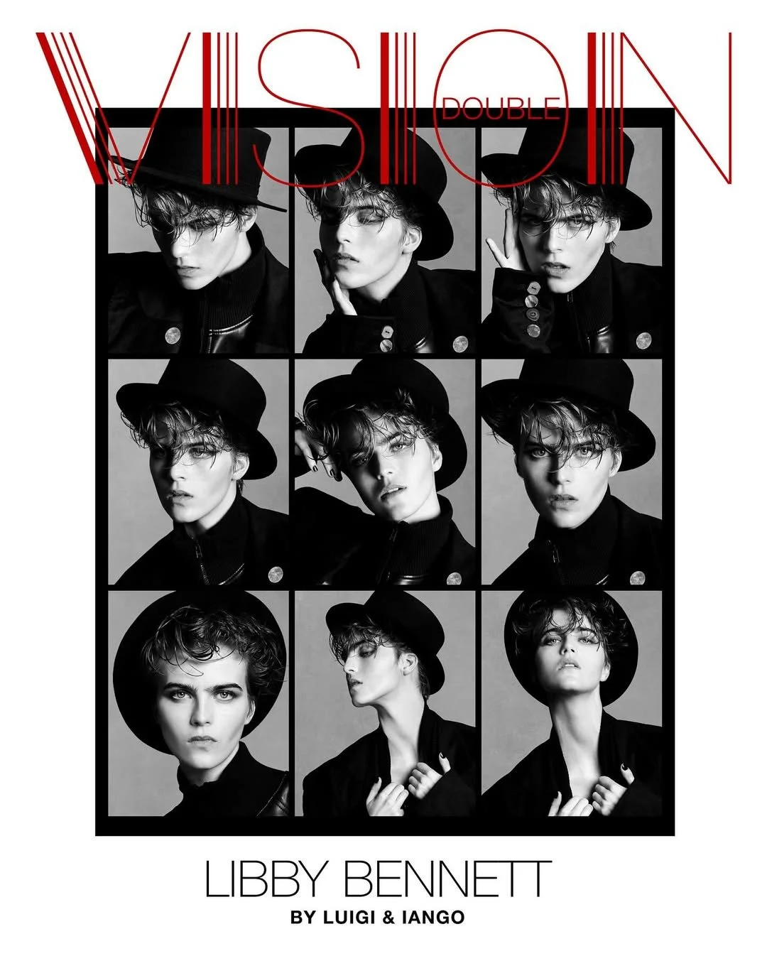 Black and white collage of nine photos of a woman with short curly hair, wearing a black hat and dark clothing, in different poses. The photo includes the text "VISION DOUBLE" at the top and "LIBBY BENNETT BY LUIGI & IANGO" at the bottom.